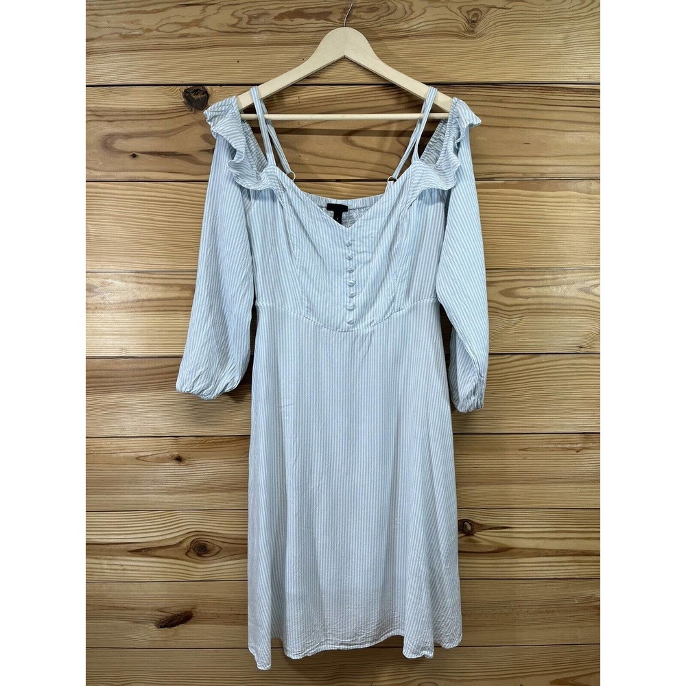 Torrid Dress 1X Light Blue White Stripe Off Shoulder Ruffle Sleeve Festival B84